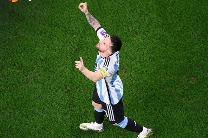 Pemain timnas Argentina, Lionel Messi, merayakan gol yang dicetaknya pada laga timnas Argentina melawan timnas Australia di babak 16 besar Piala Dunia 2022, Minggu (04/12/2022) dini hari WIB.