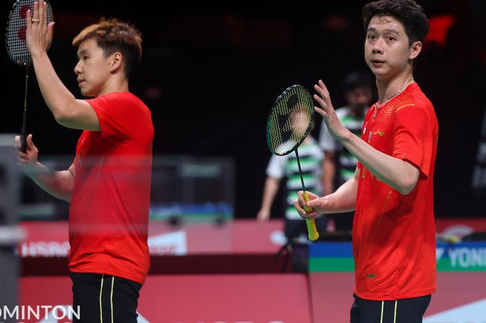 Pasangan ganda putra Indonesia, Marcus Fernaldi Gideon/Kevin Sanjaya Sukamuljo, pada laga kedua grup Thomas Cup 2020 di Ceres Arena, Senin (11/10/2021).