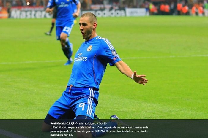 Striker Real Madrid, Karim Benzema, merayakanb gol ke gawang Galatasaray dalam duel di Istanbul, 17 September 2013.