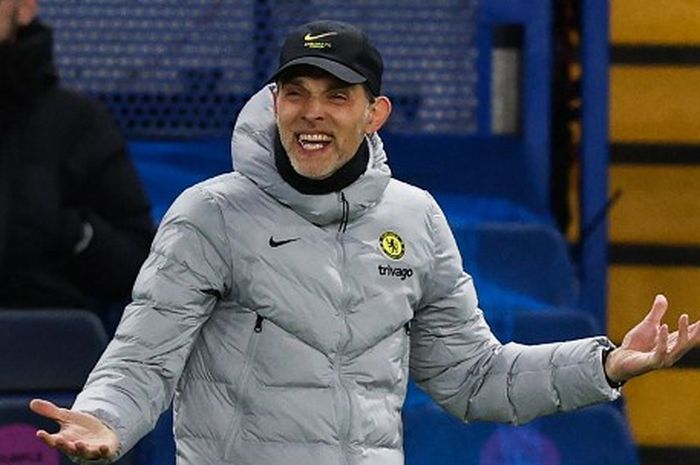 Reaksi Thomas Tuchel dalam duel Liga Champions antara Chelsea vs Real Madrid di Stamford Bridge, London (6/4/2022).