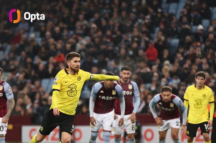 Babak pertama laga Aston Villa versus Chelsea berakhir imbang setelah gol bunuh diri Reece James dibalas gol penalti Jorginho.