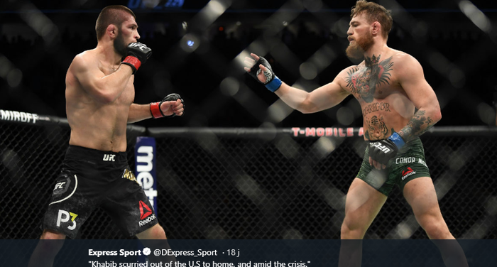 Khabib Nurmagomedov (kanan) dan Conor McGregor (kiri) saat keduanya saling berhadapan dalam ajang UFC 229 di T-Mobile Arena, Las Vegas, Nevada, AS, Oktober 2018.