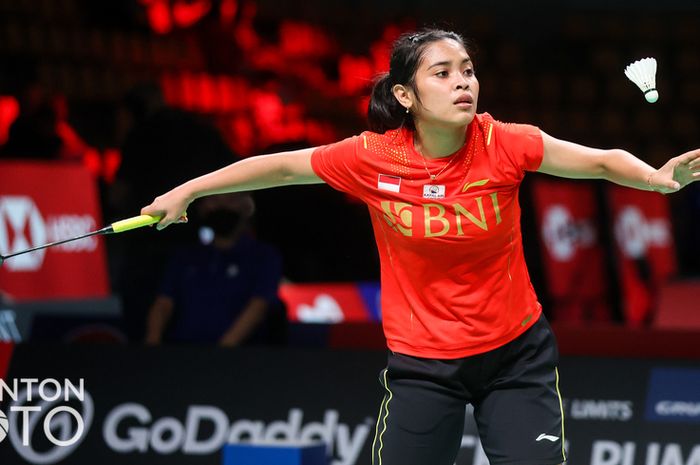 Pebulu tangkis tunggal putri Indonesia, Gregoria Mariska Tunjung, pada laga pertama melawan Jerman Uber Cup 2020 di Ceres Arena, Aarhus, Denmark, Sabtu (9/10/2021).