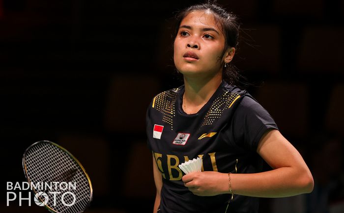 Pebulu tangkis tunggal putri, Gregoria Mariska Tunjung, pada partai pertama melawan Jepang, Uber Cup 2020 di Ceres Arena, Aarhus, Denmark, Selasa (12/10/2021).