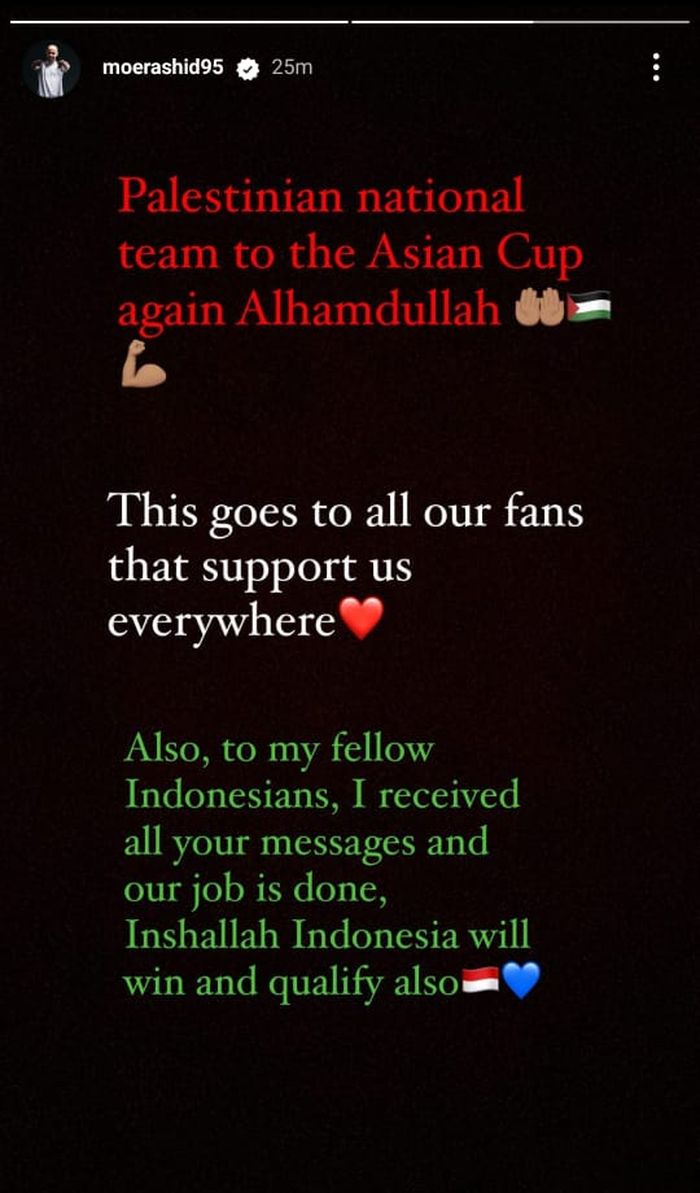 Tangkapan layar instagram story mantan pemain Persib Bandung, Mohammed Rashid saat mendoakan timnas Indonesia lolos ke babak final Piala AFC 2023.