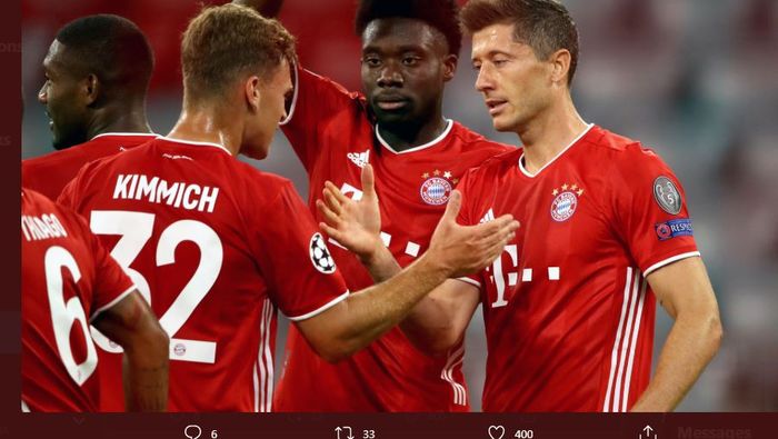 Robert Lewandowski merayakan gol untuk Bayern Muenchen ke gawang Chelsea dalam partai Liga Champions, 8 Agustus 2020.