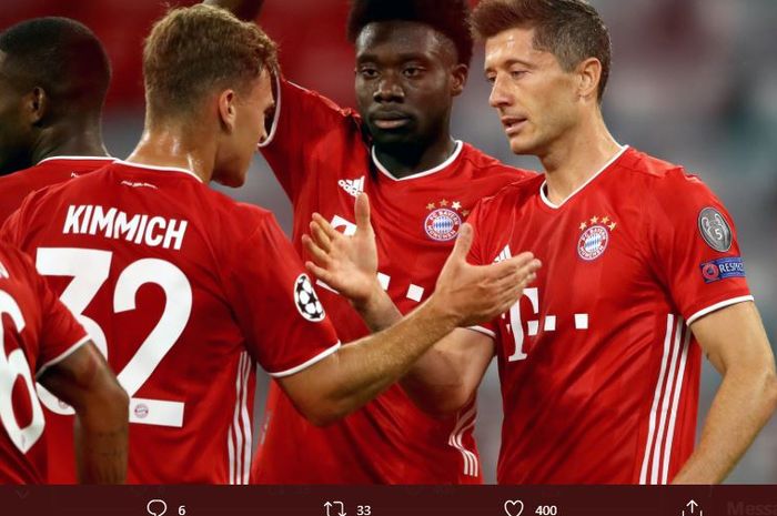 Robert Lewandowski merayakan gol untuk Bayern Muenchen ke gawang Chelsea dalam partai Liga Champions, 8 Agustus 2020.