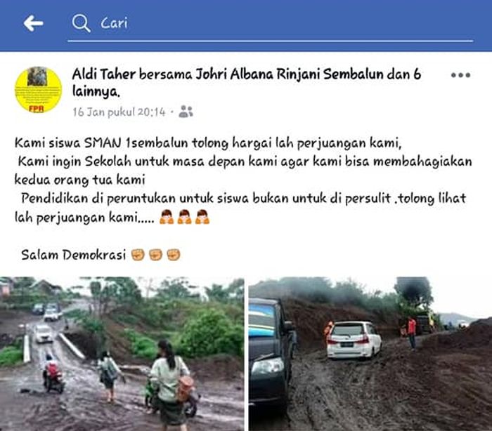 Status Facebook Aldi Irpan yang dipermasalahkan.