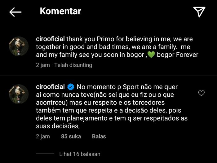 Ciro Alves mengungkapkan sedikit alasannya pamit dari Tira Persikabo lewat kolom komentar Instagram-nya, 23 Februari 2021