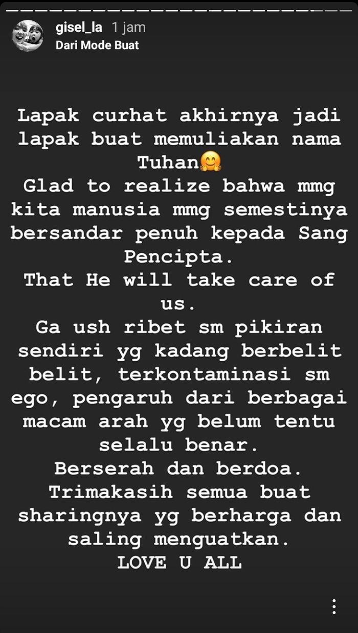Gisella Anastasia curhat di Instagram.