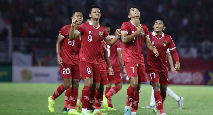 Selebrasi Marselino Ferdinan pada laga timnas U-20 Indonesia vs Vietnam di Kualifikasi Piala Asia U-20 2023.