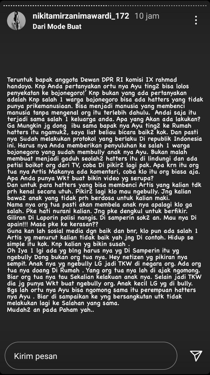 Nikita Mirzani mengunggah tulisan sebagai bentuk dukungan terhadap orangtua Ayu Ting Ting.