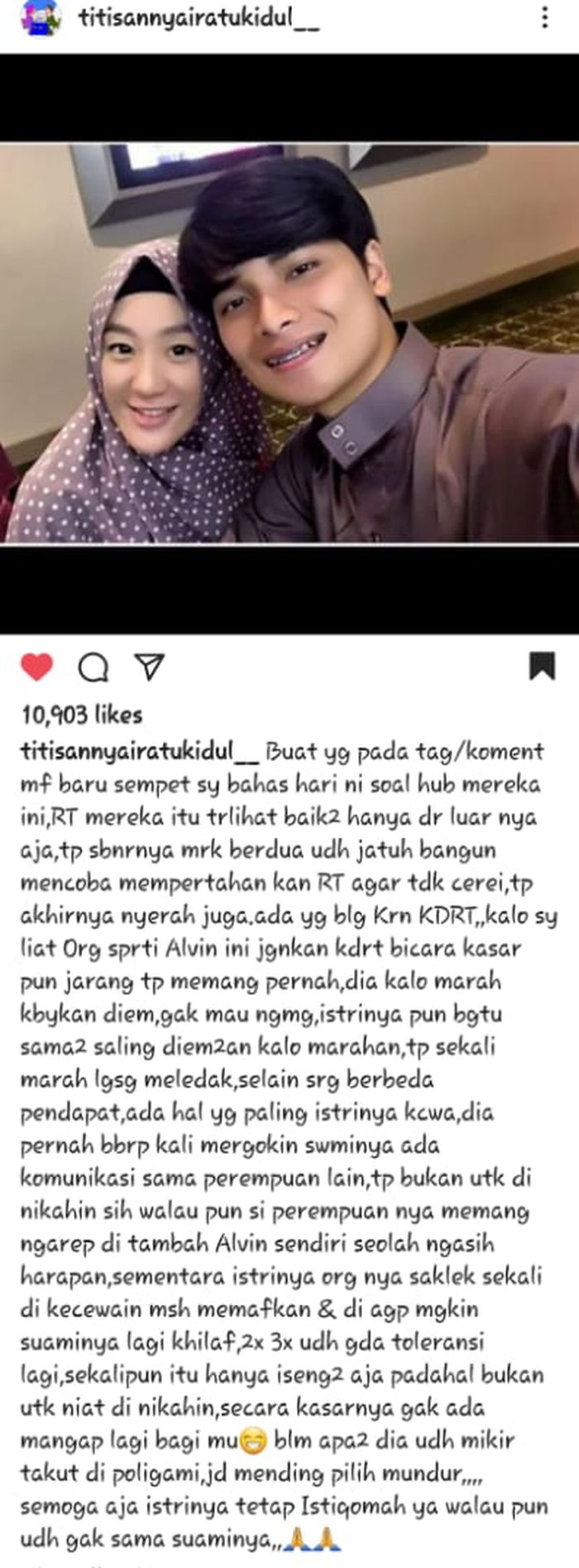 Pernyataan paranormal terkait rumah tangga Alvin Faiz dan Larissa Chou yang kandas (tangkap layar @titisannyairatukidul__).
