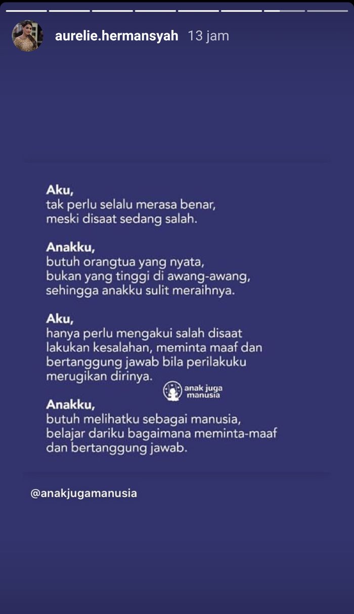 Aurel Hermansyah mengutip kalimat dari instagram @anakjugamanusia