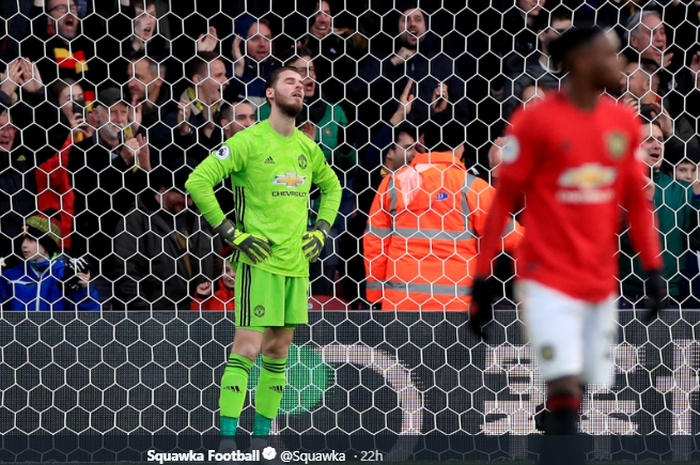 Ekspressi David De Gea setelah melakukan blunder yang membobol gawang Manchester United dalam suatu pertandningan.