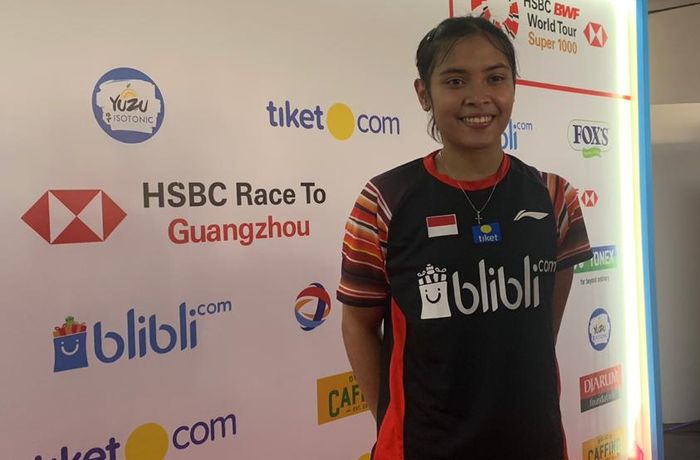 Pemain tunggal putri Indonesia, Gregoria Mariska Tunjung, usai pertandingan babak pertama Indonesia Open 2019 di Istora Senayan, Jakarta, Selasa (16/7/2019).
