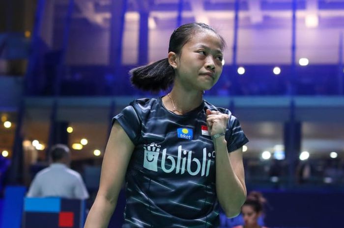 Ekspresi pemain tunggal putri Indonesia, Fitriani, pada babak pertama French Open 2019 di Paris, Prancis, Rabu (23/10/2019).