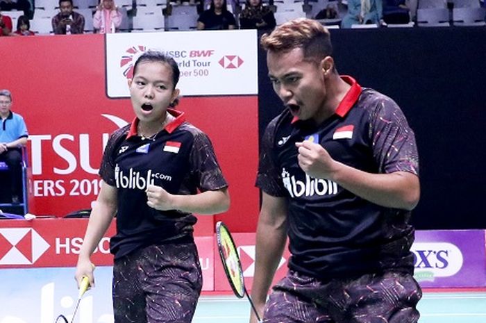 Ganda campuran Indonesia, Rehan Naufal Kusharjanto/Siti Fadia Silva Ramadhanti, saat tampil pada babak kualifikasi Indonesia Masters 2019 yang digelar pada Selasa (22/1/2019) di Istora Senayan, Jakarta.