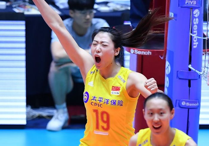 Selebrasi pebola voli tim nasional putri China, Liu Yan Han, dalam pertandingan menghadapi Indonesia di Kejuaraan Bola Voli Asia 2019 di Seoul, Korea Selatan, 19 Agustus 2019. 