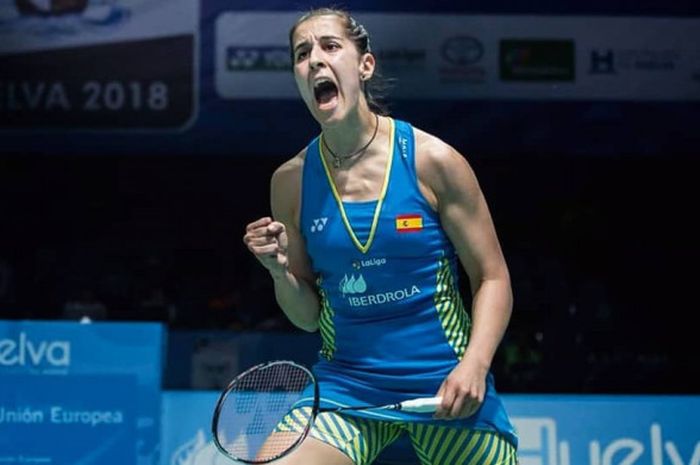 Ekspresi Carolina Marin pada laga semifinal Kejuaraan Bulu Tangkis Eropa 2018