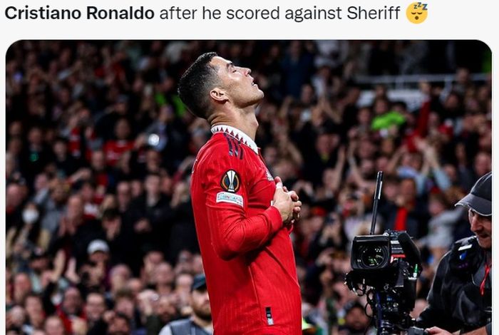 Selebrasi Cristiano Ronaldo setelah mencetak gol ke gawang Sheriff Tiraspol dalam laga Liga Europa, Kamis (27/10/2022) di Old Trafford.