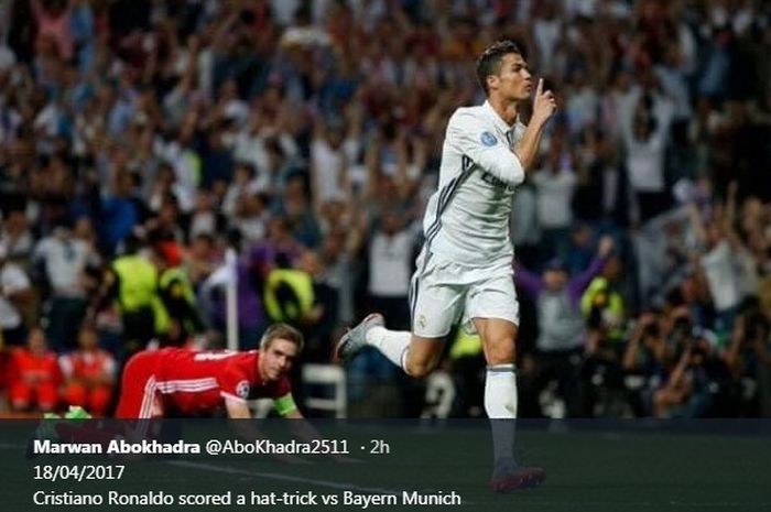 Penyerang Real Madrid, Cristiano Ronaldo, melakukan selebrasi seusai menjebol gawang Bayern Muenchen di Santiago Bernabeu, 18 April 2017.