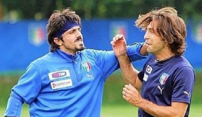 Dua mantan pemain AC Milan, Gennaro Gattuso (kiri) dan Andrea Pirlo (kanan).