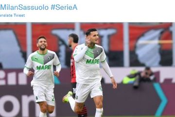 Selebrasi Gianluca Scamacca di laga AC Milan Vs Sassuolo di San Siro dalam giornata ke-14 Liga Italia, Minggu (28/11/2021).