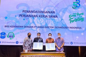 Tokoh-tokoh yang ikut menandatangani kerjasama BPJS dan Good Doctor, dimulai dari kiri ke kanan, ada Benyamin Saut PS, Deputi Direksi Bidang Riset dan Inovasi BPJS Kesehatan; Dr. dr. Mahlil Ruby, M.Kes. Direktur Perencanaan, Pengembangan dan Manajemen Risiko BPJS Kesehatan; Danu Wicaksana, Managing Director PT Good Doctor Technology Indonesia; dan dr. Adhiatma Gunawan, Head of Medical PT Good Doctor Technology Indonesia.