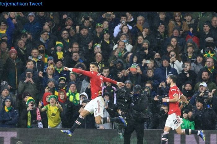 Selebrasi megabintang Manchester United, Cristiano Ronaldo, usai menjebol gawang Norwich City di Liga Inggris