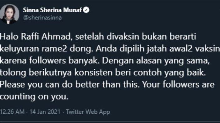 Teguran Sherina Munaf untuk Raffi Ahmad
