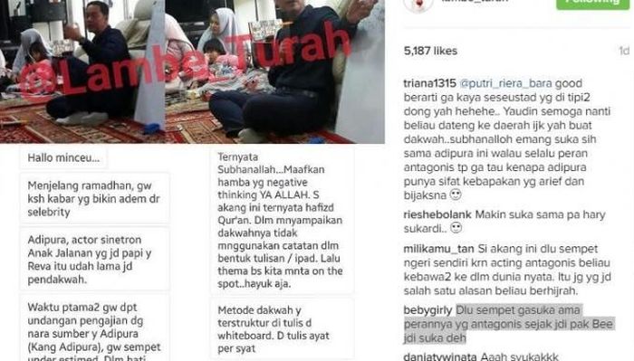 Pengakuan netizen tentang keseharian bintang sinetron Adipura
