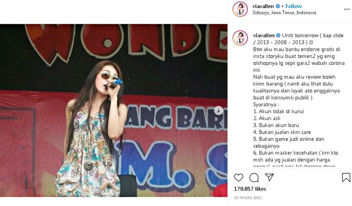 Via Vallen buka endorse gratis untuk online shop yang terdampak virus corona