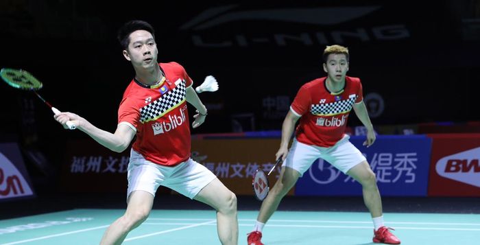 Pasangan ganda putra Indonesia, Marcus Fernaldi Gideon/Kevin Sanjaya Sukamuljo, tampil pada babak pertama Fuzhou China Open 2019 di Haixia Olympic Sports Center, Selasa (5/11/2019).