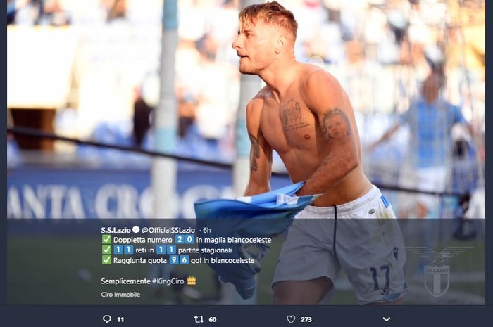 Selebrasi Ciro Immobile usai mencetak gol ke gawang Atalanta dalam laga Liga Italia di Stadio Olimpico Roma, Sabtu (19/10/2019).