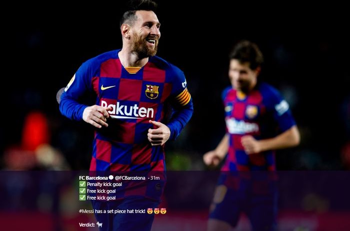 Selebrasi Lionel Messi usai mencetak gol ke gawang Celta Vigo di Stadion Camp Nou, pada laga pekan ke-13 Liga Spanyol, Sabtu (9/11/2019) atau Minggu dini hari WIB.