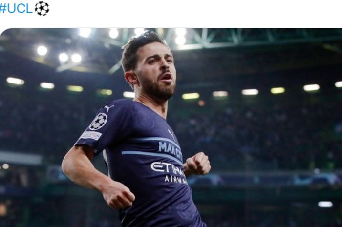 Bernardo Silva merayakan gol yang dicetaknya dalam laga Sporting CP vs Manchester City di leg pertama babak 16 besar Liga Champions, Selasa (15/2/2022) di Stadion Jose Alvalade. 