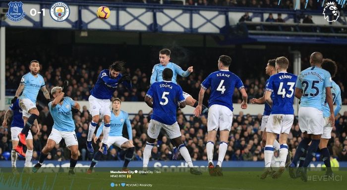 Bek Manchester City, Aymeric Laporte, menjebol gawang Everton dalam partai Liga Inggris di Goodison Park, Rabu (6/2/2019)