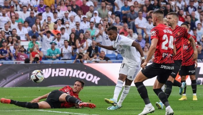Rodrygo mencetak gol untuk Real Madrid ke gawang Mallorca pada lanjutan Liga Spanyol 2022-2023.