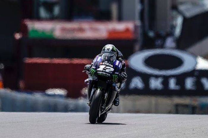 Aksi pembalap Monster Energy Yamaha, Maverick Vinales pada MotoGP Italia 2019