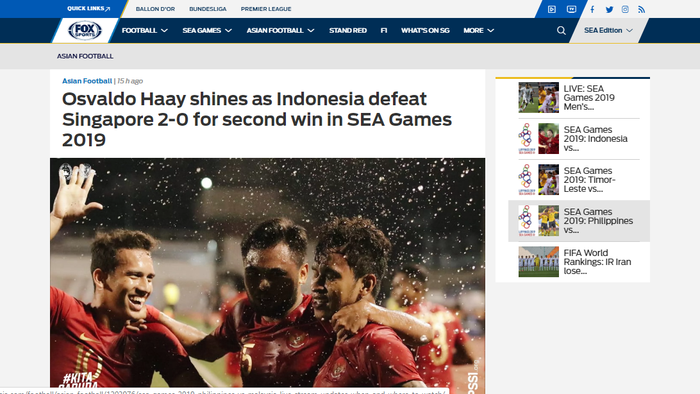 Berita Fox Sports Asia tentang Osvaldo Haay seusai timnas U-22 Indonesia mengalahkan Singapura dalam SEA Games 2019, Kamis (28/11/2019).