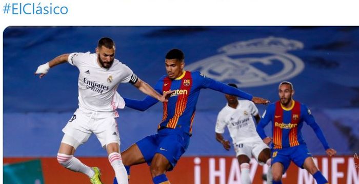 Karim Benzema mencetak gol dengan backheel ke gawang Barcelona dalam partai bertajuk el clasico di Stadion Alfredo di Stefano, Sabtu (10/4/2021) atau Minggu dini hari WIB.