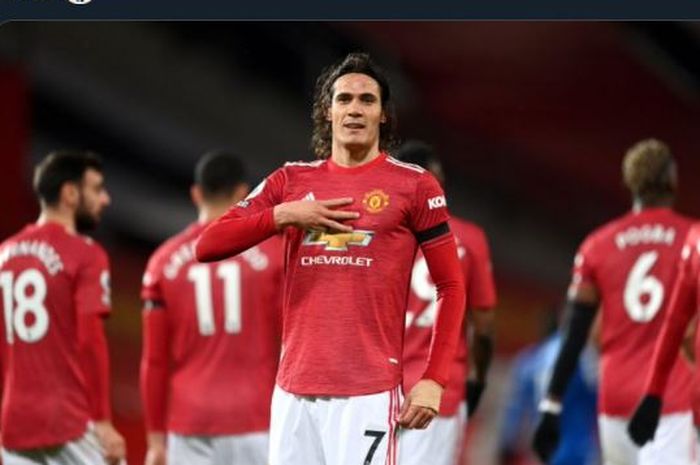 Edinson Cavani merayakan gol Manchester United ke gawang Granada dalam partai Liga Europa, 15 April 2021.