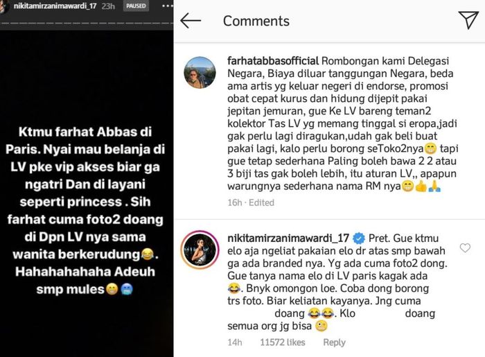 Tudingan Nikita Mirzani kepada Farhat Abbas saat mengaku berjumpa di Louis Vuitton, Paris.
