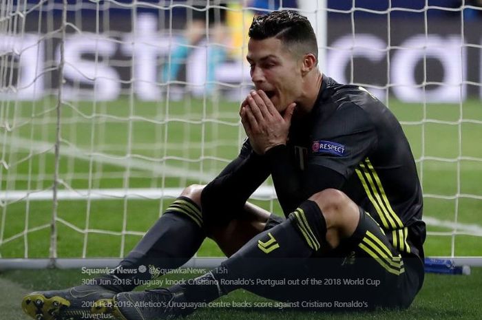 Penyerang Juventus, Cristiano Ronaldo, berekspresi dalam laga leg I babak 16 besar Liga Champions kontra Atletico Madrid di Stadion Wanda Metropolitano, 20 Februari 2019.