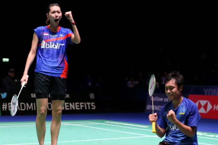 Ekspresi Hafiz Faizal/Gloria Emanuelle Widjaja saat berhasil memenangkan salah satu laga di German Open 2019.