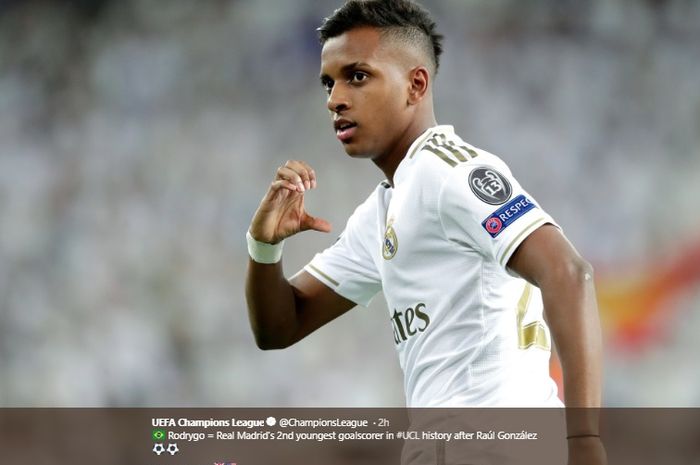 Selebrasi Rodrygo Goes setelah mencetak hat-trick ke gawang Galatasaray pada matchday keempat, Liga Champions pada Rabu (6/11/2019).