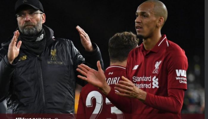Reaksi pelatih Liverpool, Juergen Klopp (kiri), dan gelandang Fabinho selepas laga Piala FA lawan Wo
