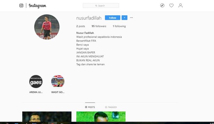 Beredar akun palsu wasit Nusur Fadhilah usai keputusan kontroversial dalam laga Bhayangkara FC vs PSM Makassar di babak delapan besar Piala Indonesia 2018.