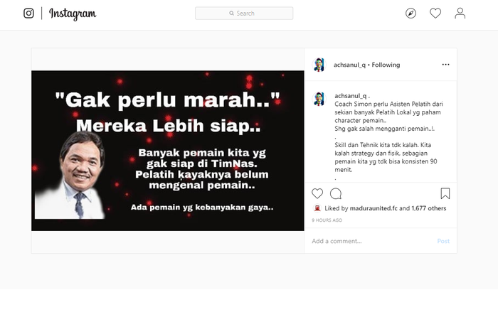 Unggahan presiden Madura United, Achsanul Qosasi, yang mengkritik permainan Indonesia yang harus tumbang dari Malaysia pada Kualifikasi Piala Dunia 2022.